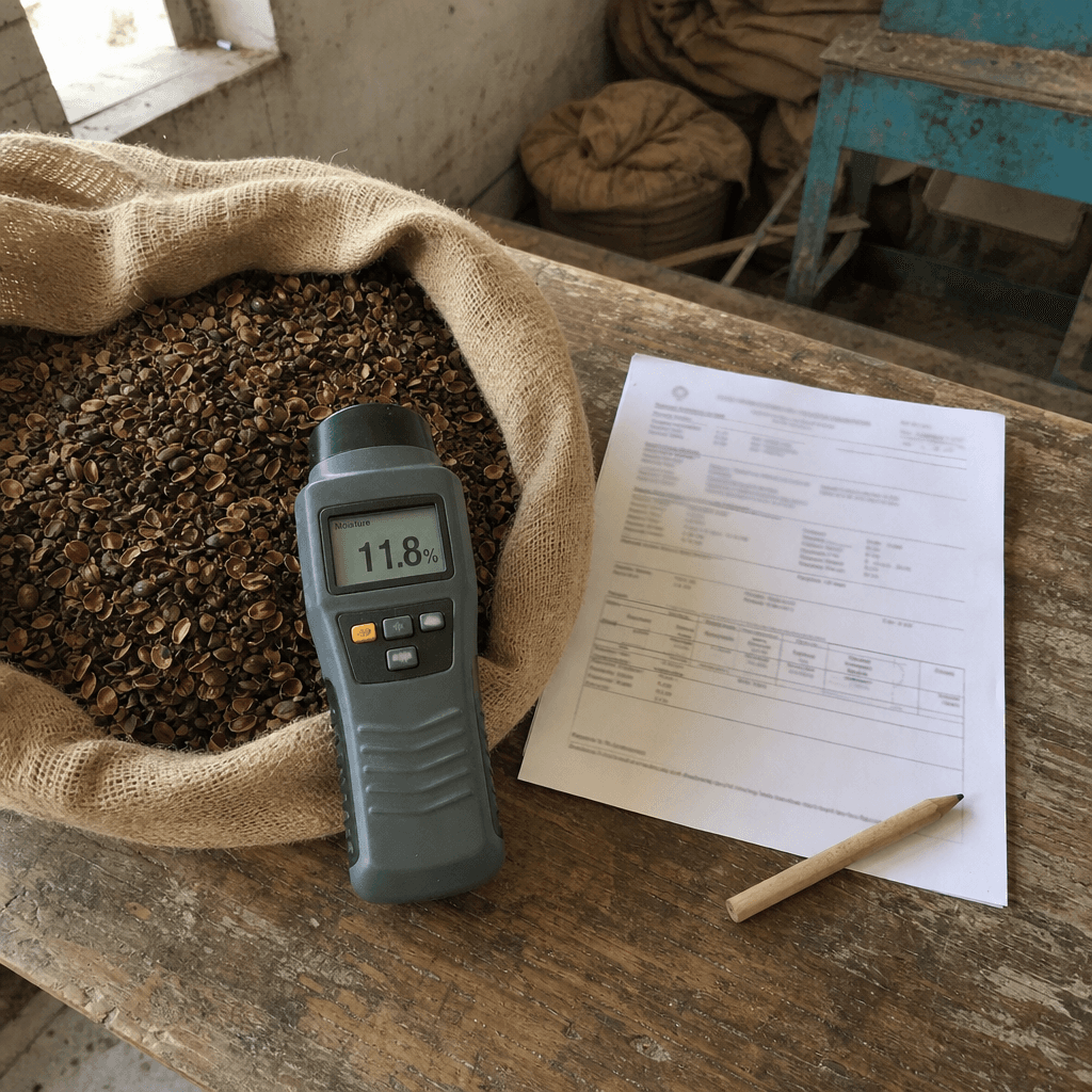 A moisture meter and a laboratory certificate on a mill table